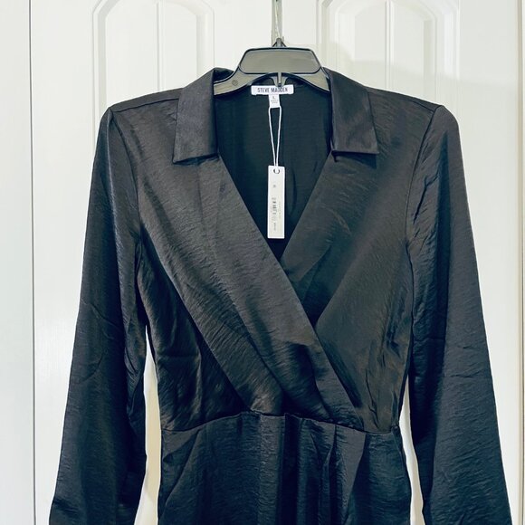 Steve Madden Washed Satin Faux Wrap Dress in black (L) New with Tag - Picture 13 of 13